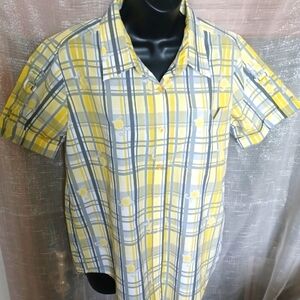 Adrian Dilefield short sleeve buttondown blouse, yellow/Gray, flowers, EUC